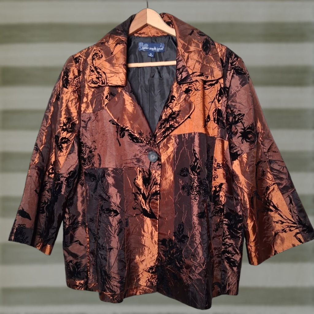 Vintage VINTAGE Susan Graver Style Jacket XL Floral Flocked Taffeta Patchwork Artsy Boho Copper Size XL / US 12-14 / IT 48-50 - 1 Thumbnail