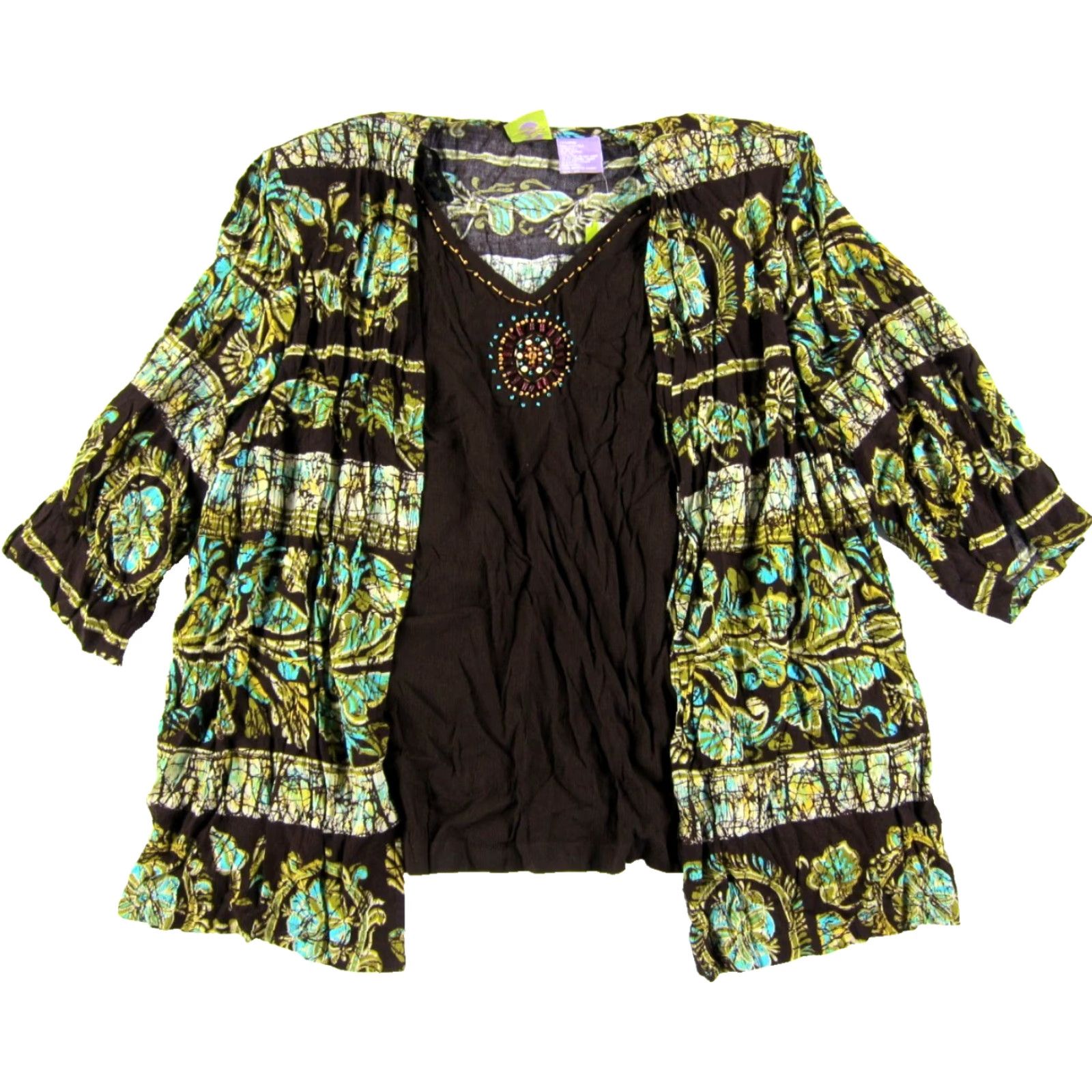 Vintage CM Shapes Blouse Short Sleeve V-Neck Beaded Floral 3X NWT 100% Rayon Brown Blue Green Womens Vintage Size XXL / US 16-18 / IT 52-54 - 2 Thumbnail