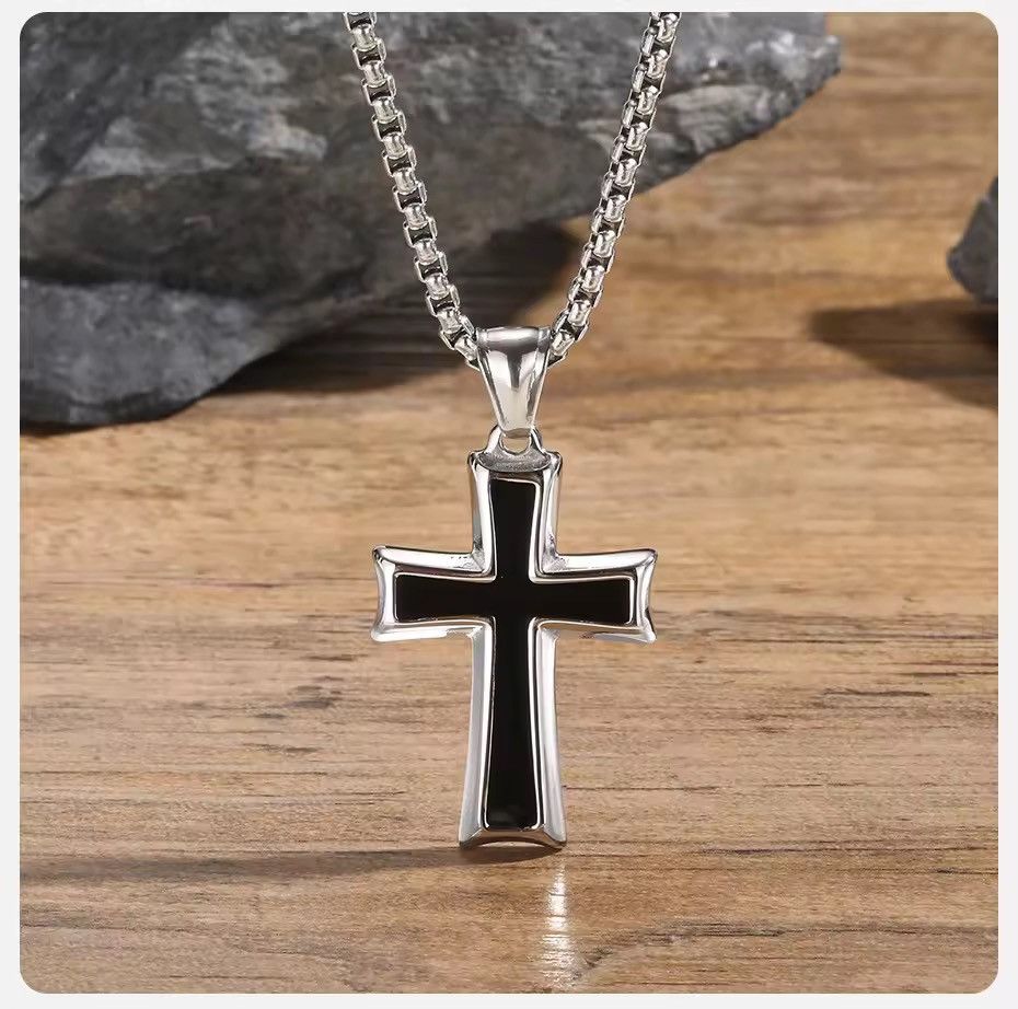 Jewelry Gothic Black Enamel Inlay Cross Pendant Necklace Size ONE SIZE - 4 Thumbnail