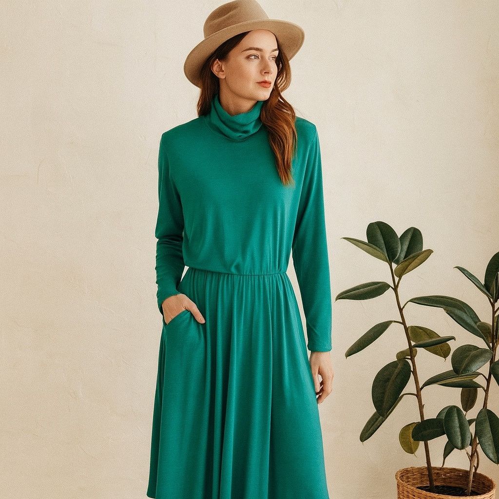 Vintage Vintage 1980s Emerald Green Tutrtleneck knit Midi Dress M Size M / US 6-8 / IT 42-44 - 1 Thumbnail
