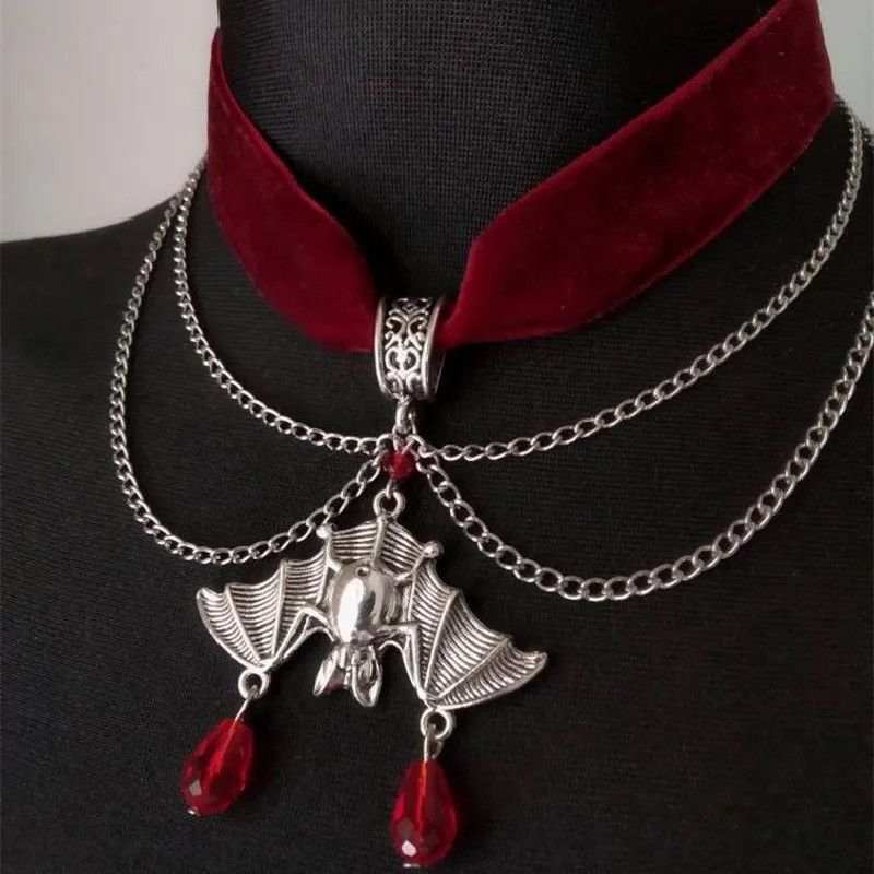 Jewelry Goth Red Velvet Choker Bat Necklace Size ONE SIZE - 1 Thumbnail