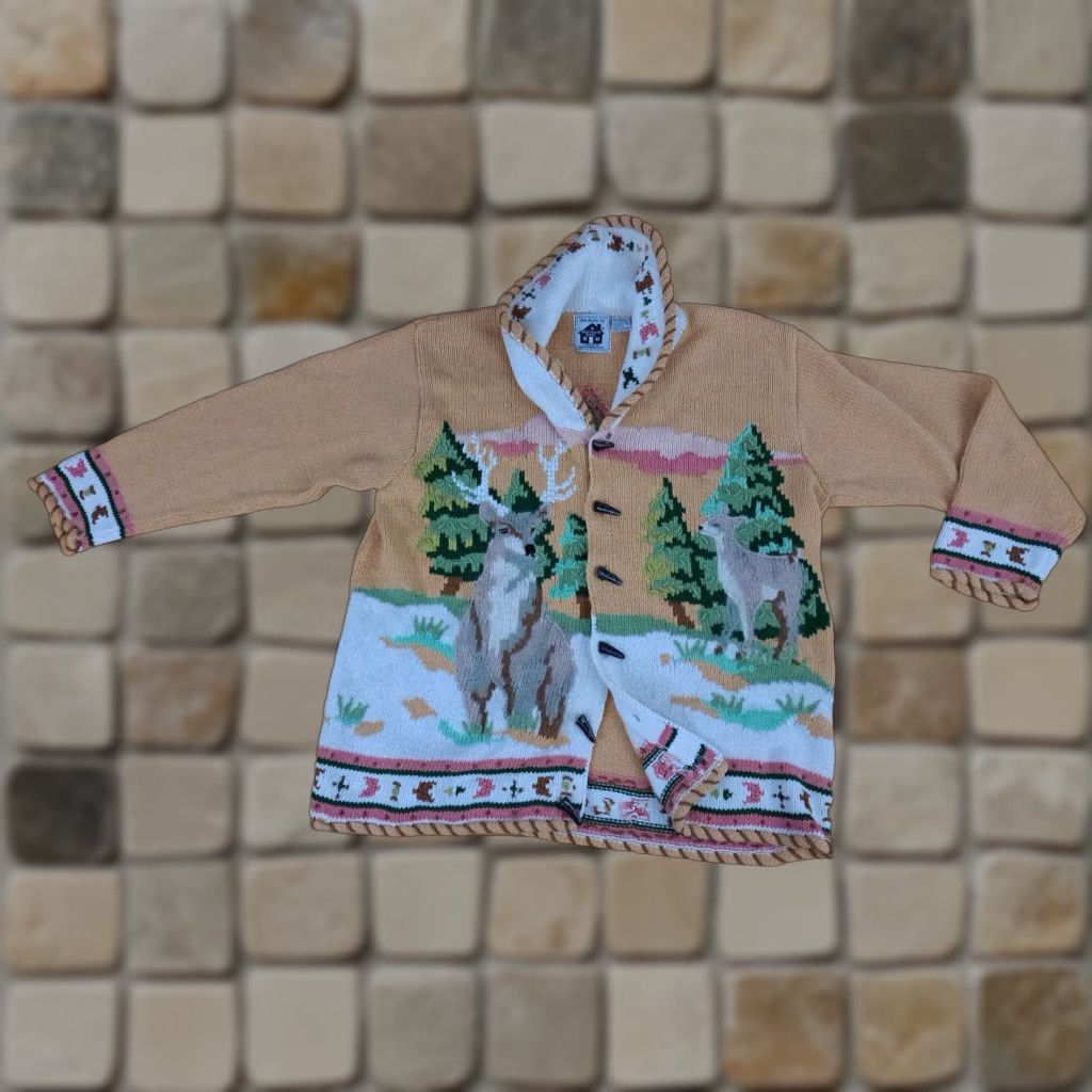 VINTAGE Storybook Knits Cardigan Women 1X Wool Knit Multicolor Deer&Doe Winter Holiday Print Button Long Sleeve