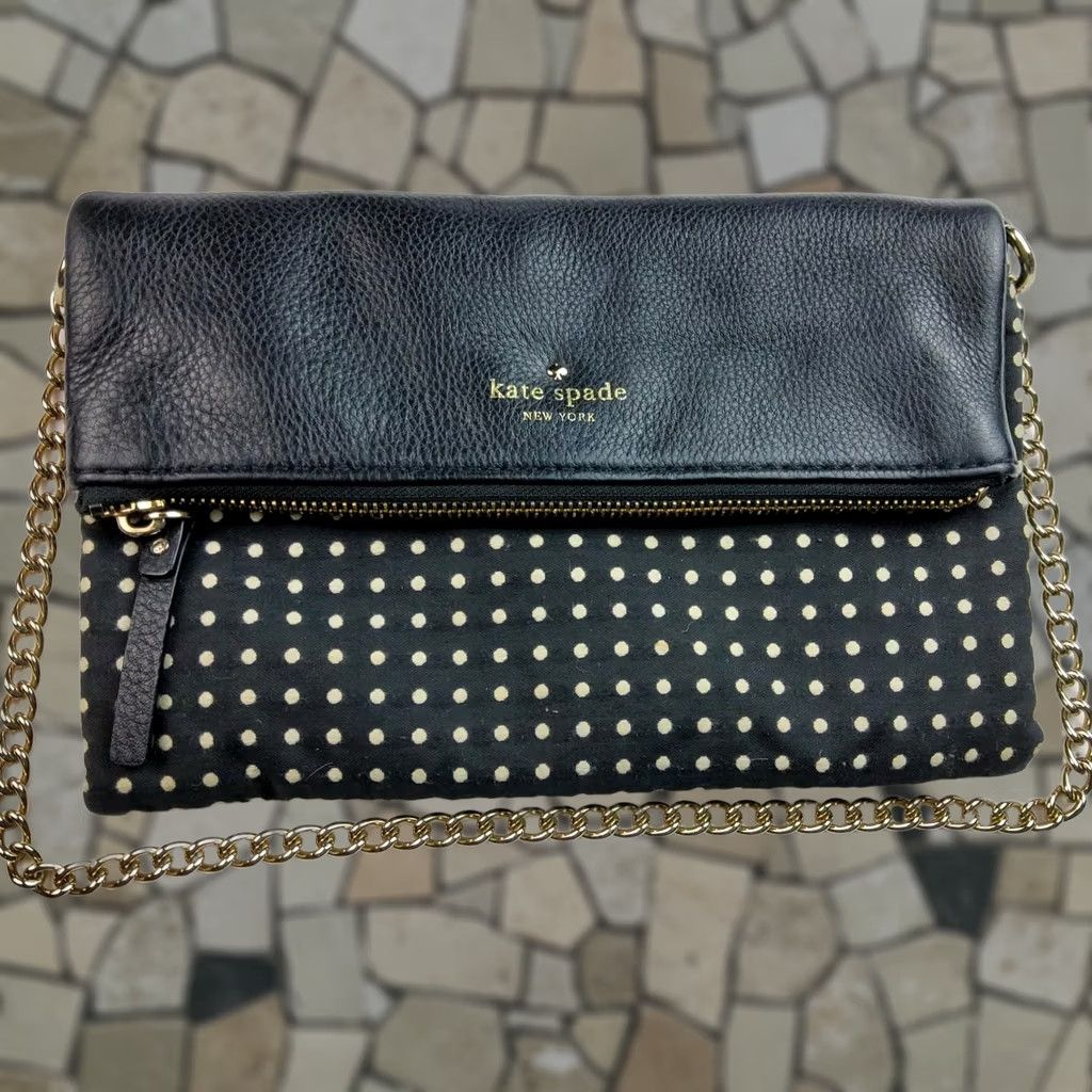 Vintage Kate Spade NY Foldover Polka Dot Chain Strap Shoulder Handbag Purse Black Leather Fabric Women Shoulder Bag Size ONE SIZE - 1 Thumbnail