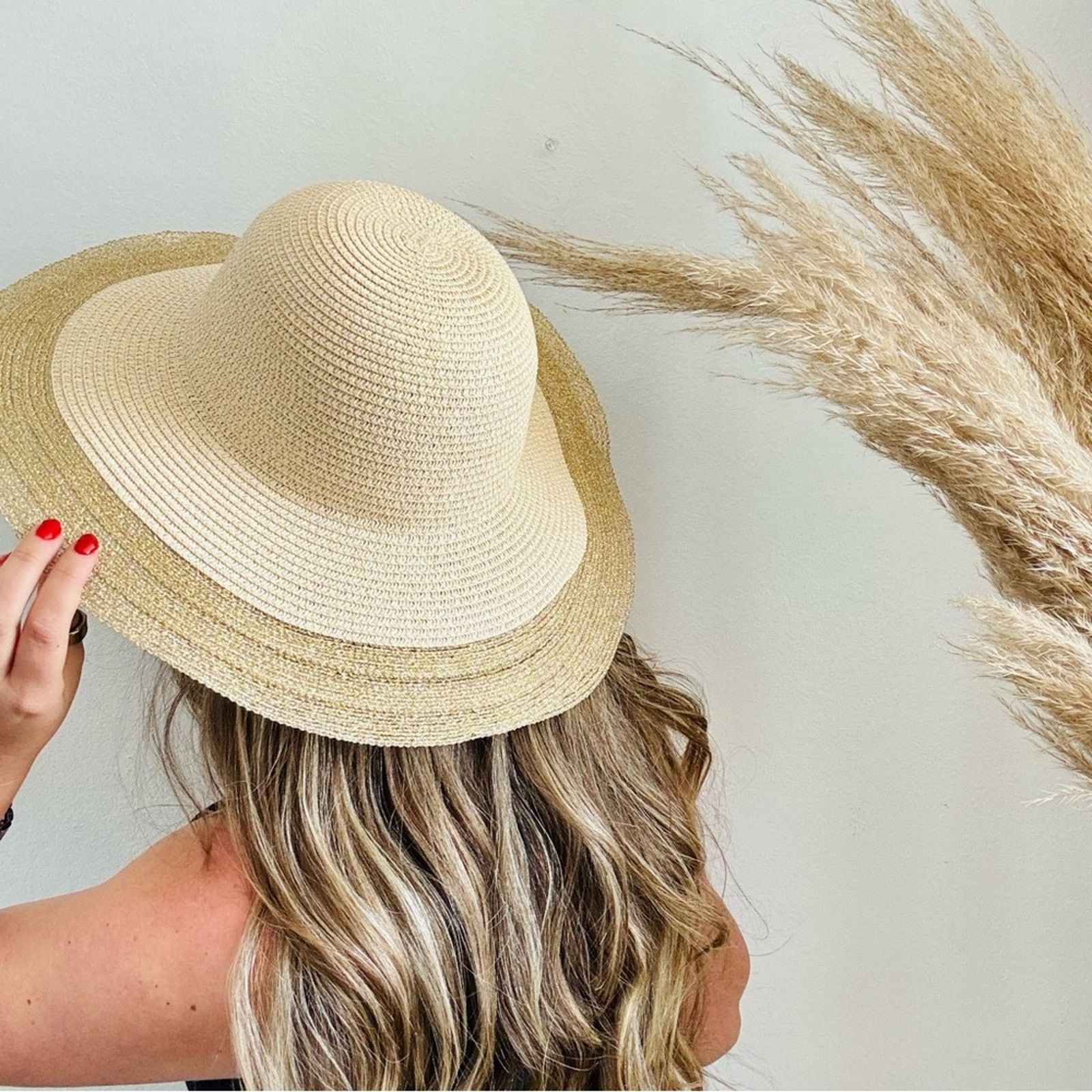 Vintage VINTAGE NORDSTROM Cream Tan Straw Brim Floppy Gold Sun Hat Size ONE SIZE - 3 Thumbnail