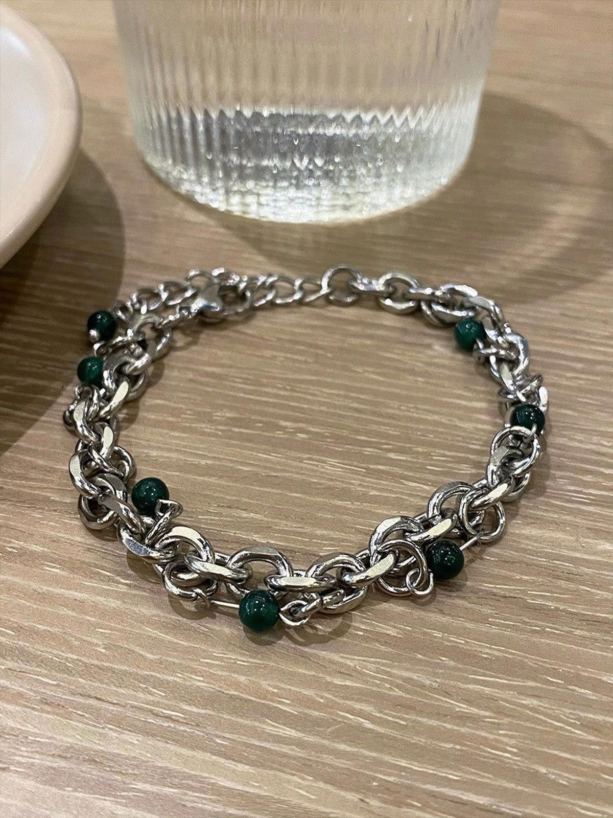 Jewelry Silver Chain Bracelet with Green Accents Size ONE SIZE - 3 Thumbnail