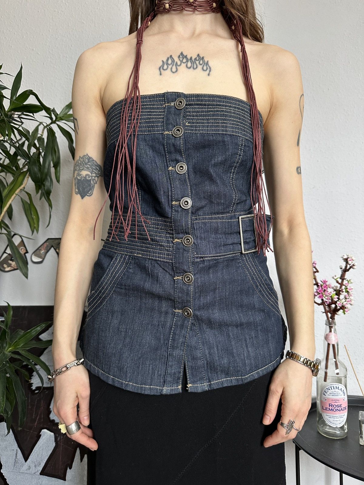 Japanese Brand Denim Button Up Bustier Belted Buckle Sexy Top Size XS / US 0-2 / IT 36-38 - 1 Thumbnail