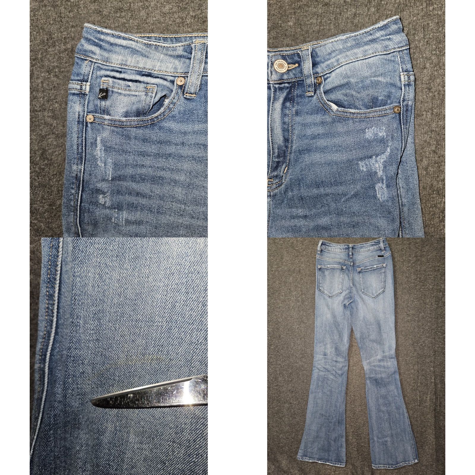 Vintage Kancan High Waist Flare Jeans Women's 1/24 Blue Stretch Distressed 5-Pocket Logo Zipper Button Hippie Bohemian 90s Juniors Womens 33in Inseam Size 25" / US 0 / IT 36 - 8 Thumbnail