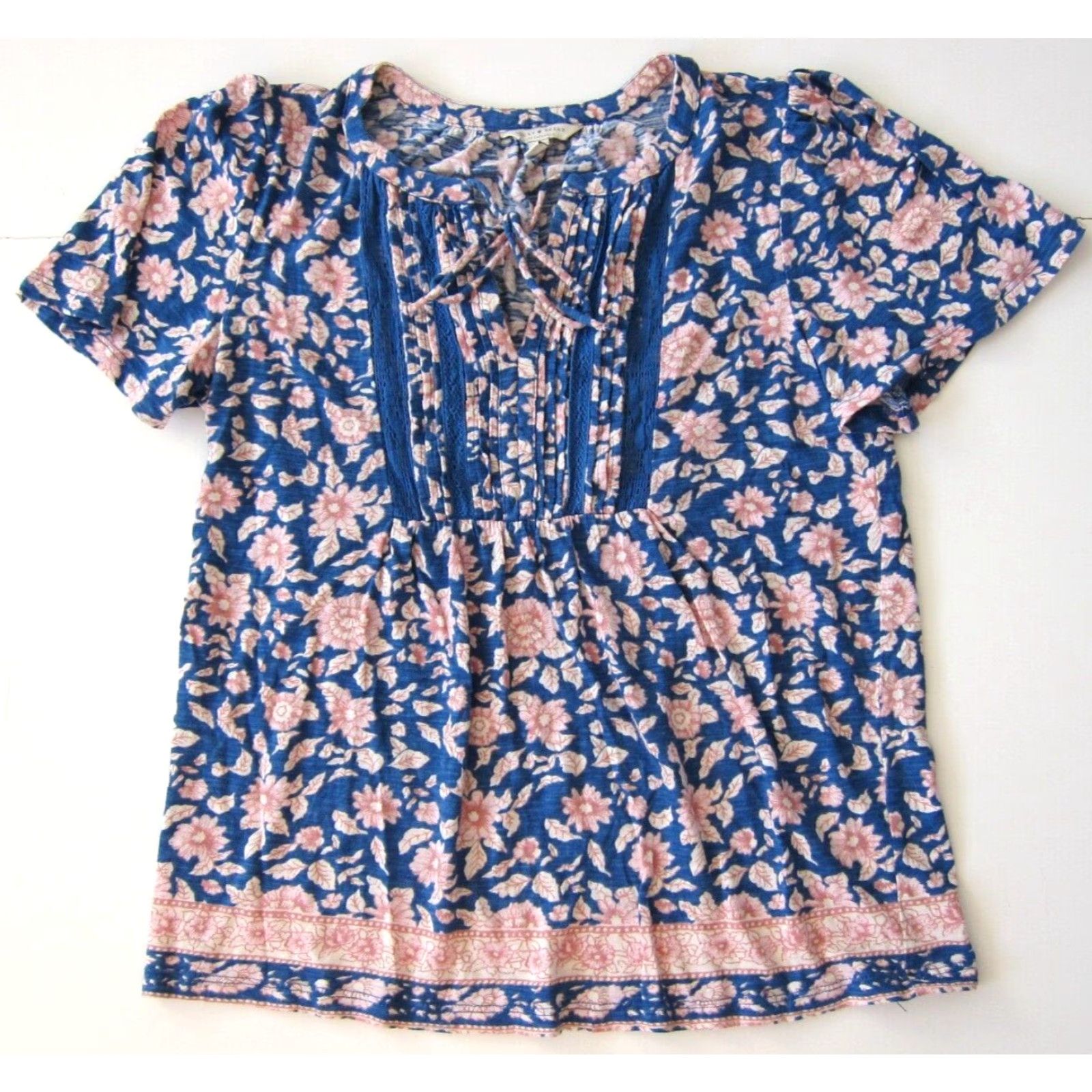 Lucky Brand Lucky Brand Blouse Short Sleeve Cotton Stretch Floral Blue Pink Peasant S/P Size S / US 4 / IT 40 - 2 Thumbnail