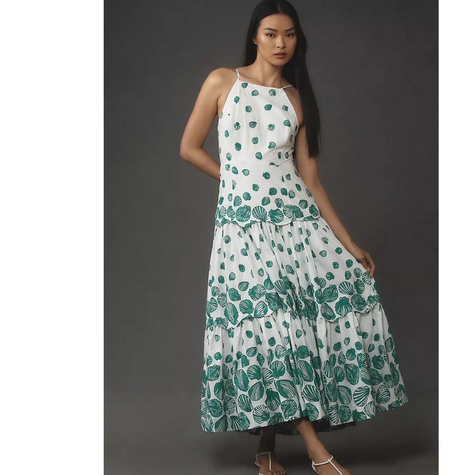 Anthropologie NWT Maeve Halter Tiered Maxi Dress $188 LARGE White Green Size L / US 10 / IT 46 - 1 Thumbnail