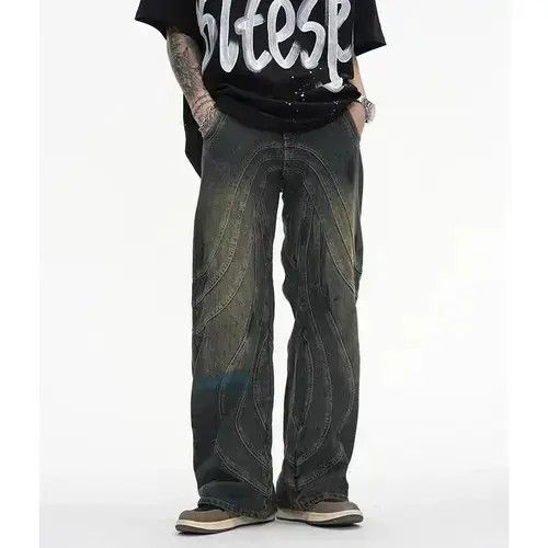 Jean Y2K Painted Circle Striped Baggy Jeans Size US 35 - 4 Thumbnail