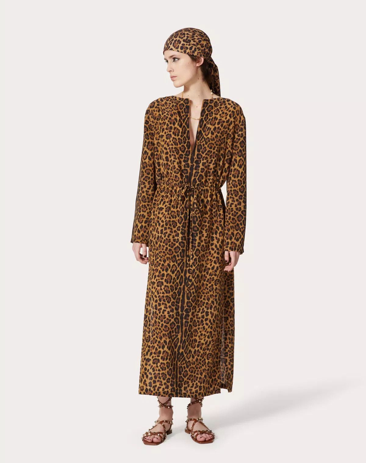 Valentino o1s1wg110625 Animal Crepe De Chine Dress in Leopard/Brown Size L / US 10 / IT 46 - 4 Thumbnail