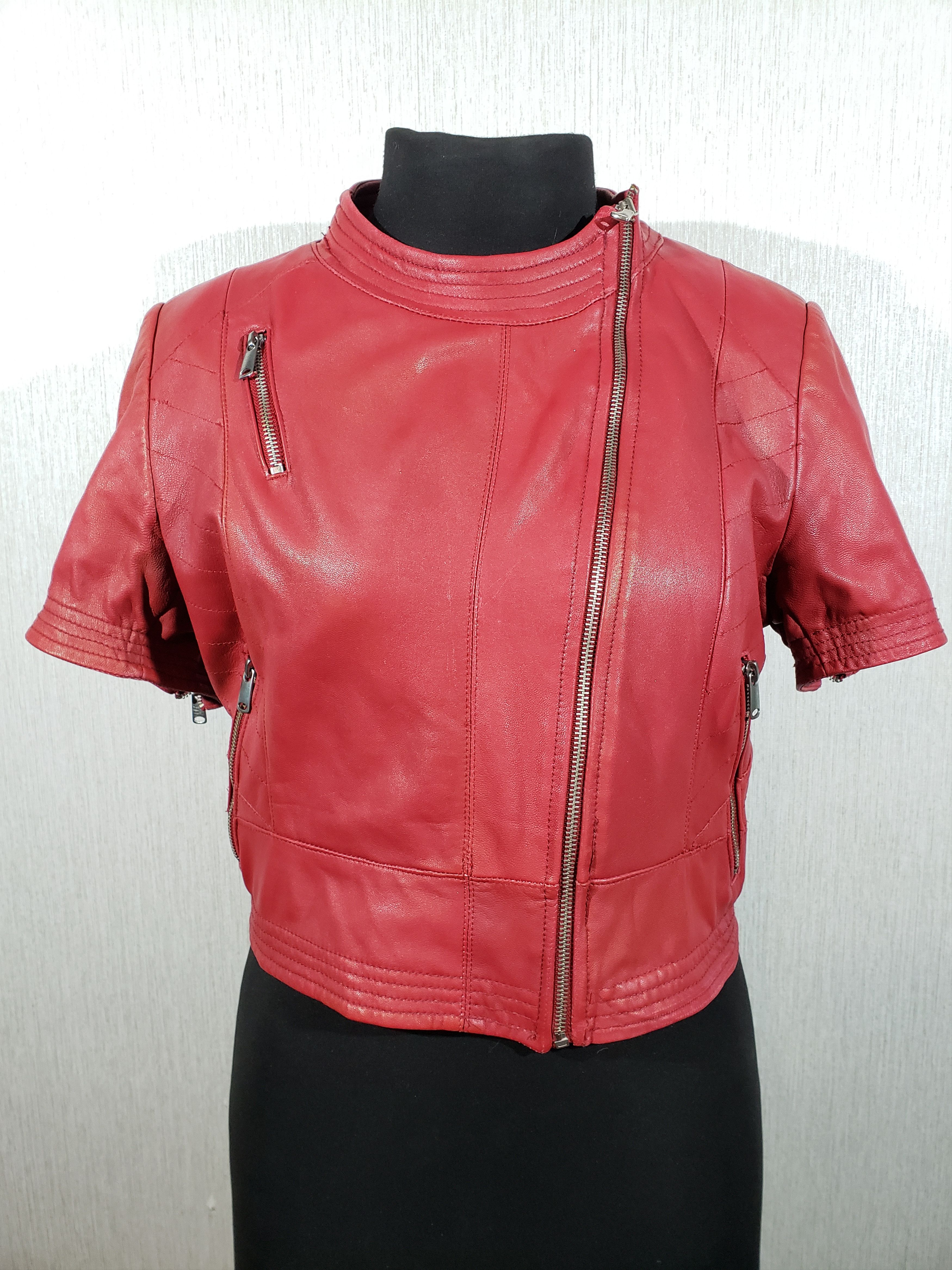 image of Art x Leather Jacket Stylish Red Leather Women's Jacket (Size Medium)