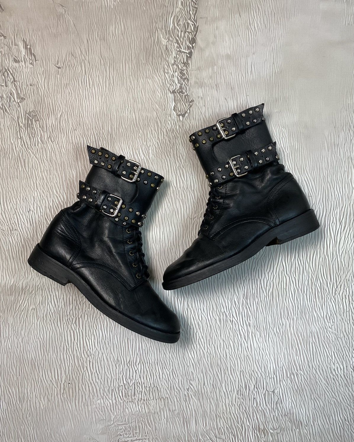 image of Avant Garde x Isabel Marant Leather Studded Ankle-Cuff Moto Buckled Boots in Black, Women's (Size 9