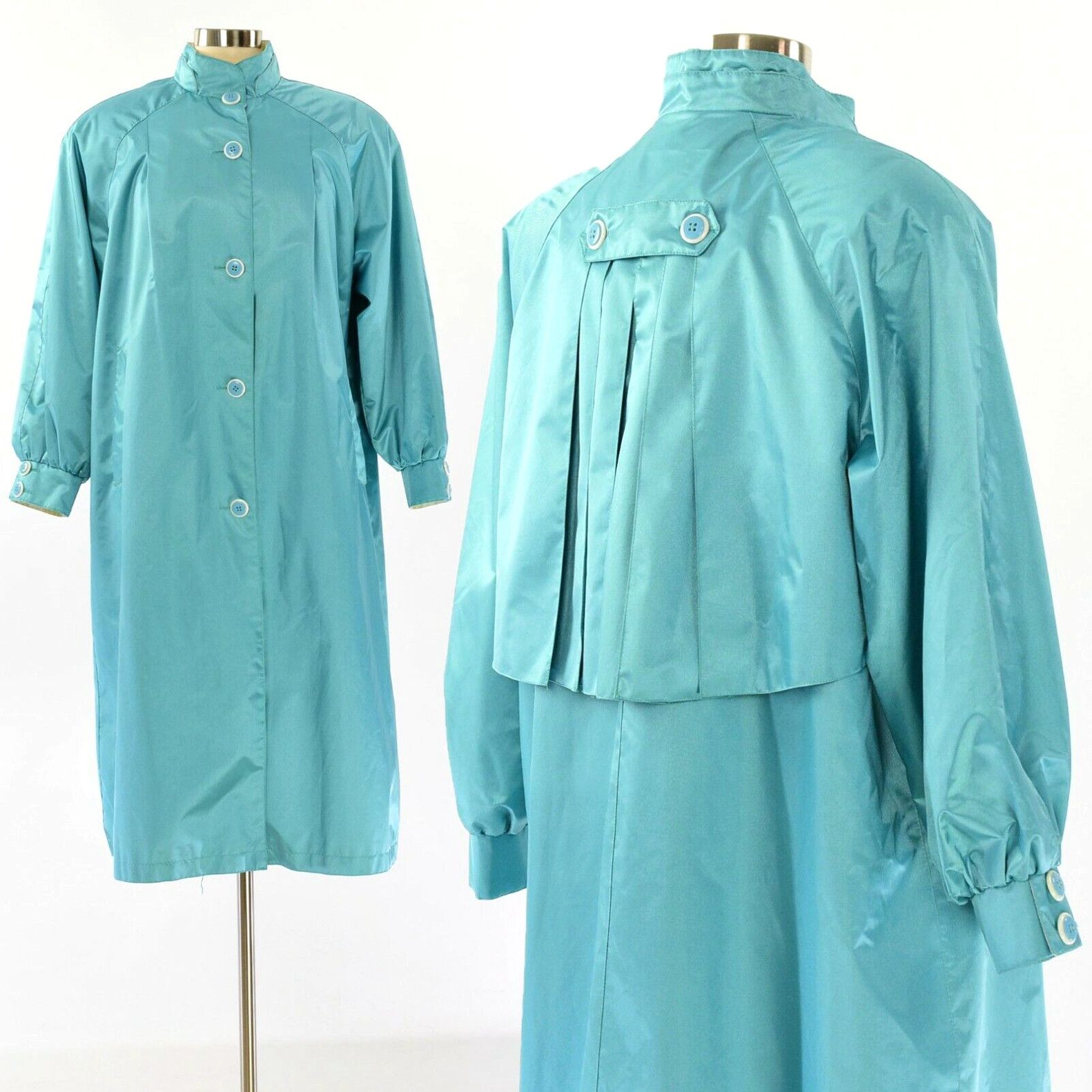 Image of 90's Vintage Womens 12P Turquoise Blue Rain Coat Puff Sleeve Rain Gear in White (Size XL)