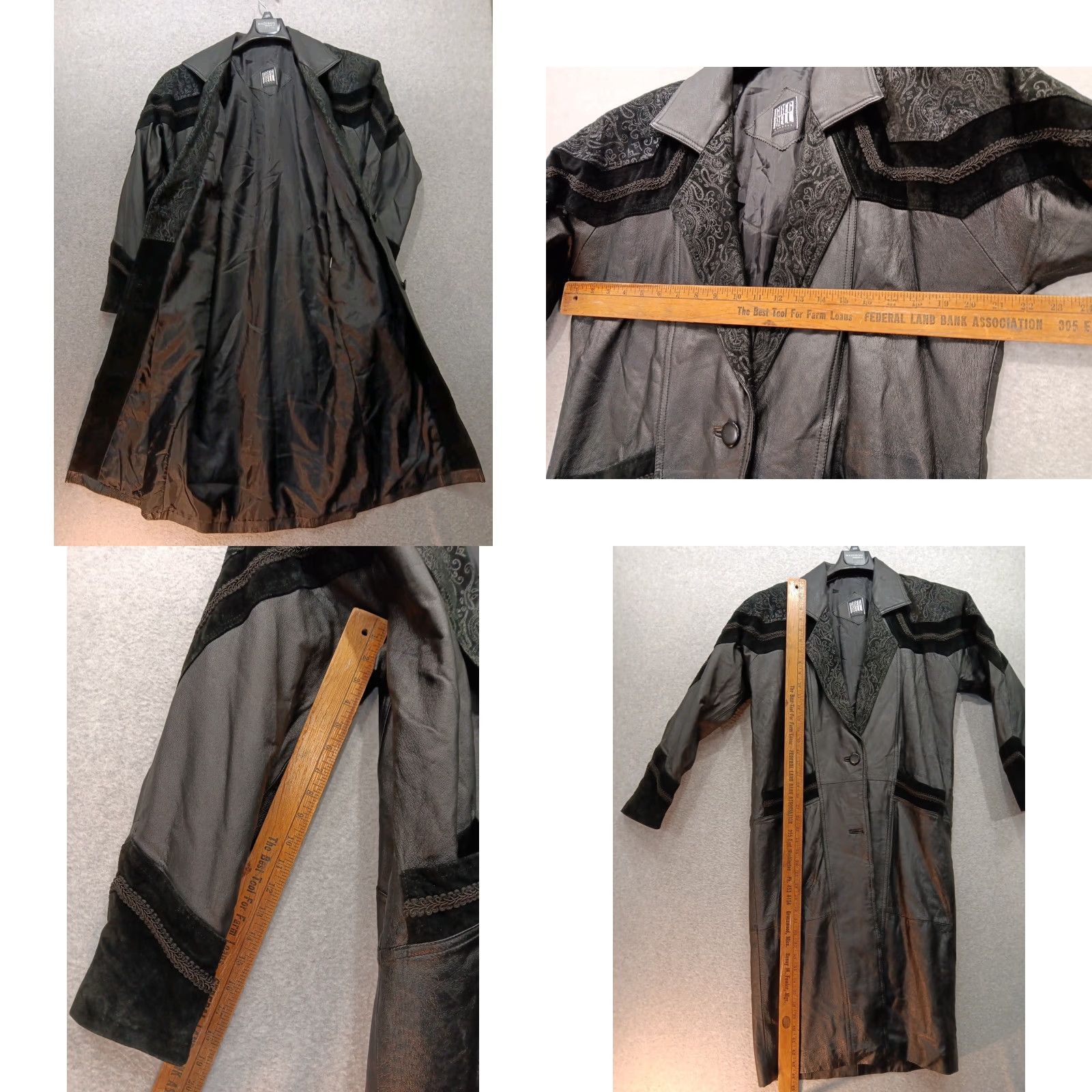 Bell VINTAGE Greg Bell Women's Leather Trench Coat M Black Paisley Leather 80s-90s Coat Womens 44" Chest 46" Hem Black Size M / US 6-8 / IT 42-44 - 8 Thumbnail