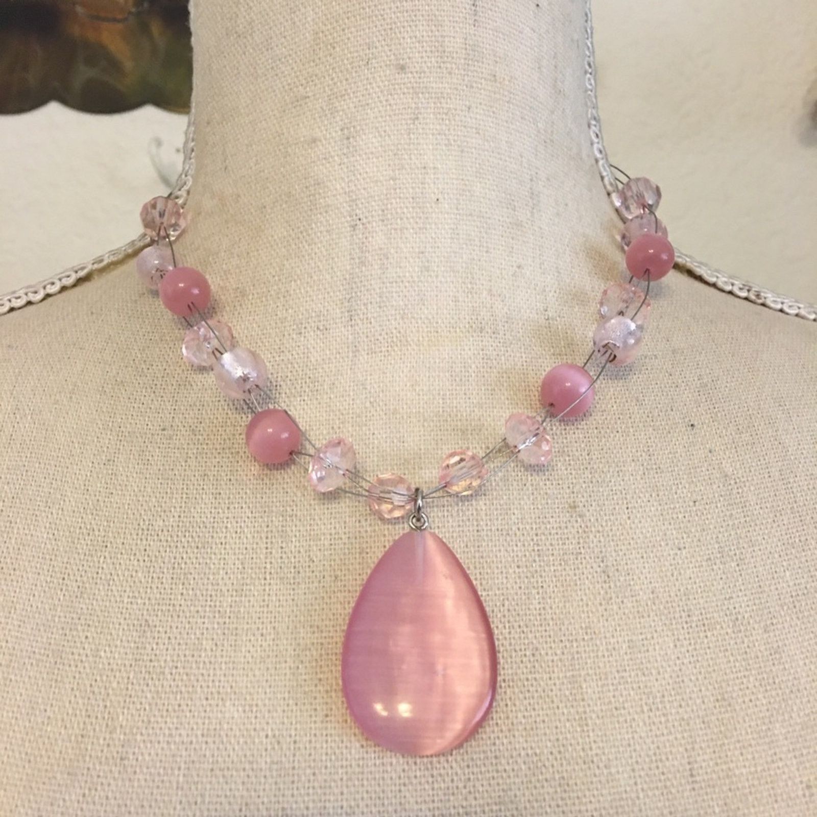 Jewelry Pink moon glow glass beaded fish line necklace Size ONE SIZE - 1 Thumbnail