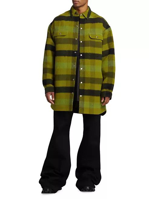 Rick Owens os11x0124 Plaid Wool Oversized-Fit Overshirt in Acid Green Size US M / EU 48-50 / 2 - 2 Thumbnail