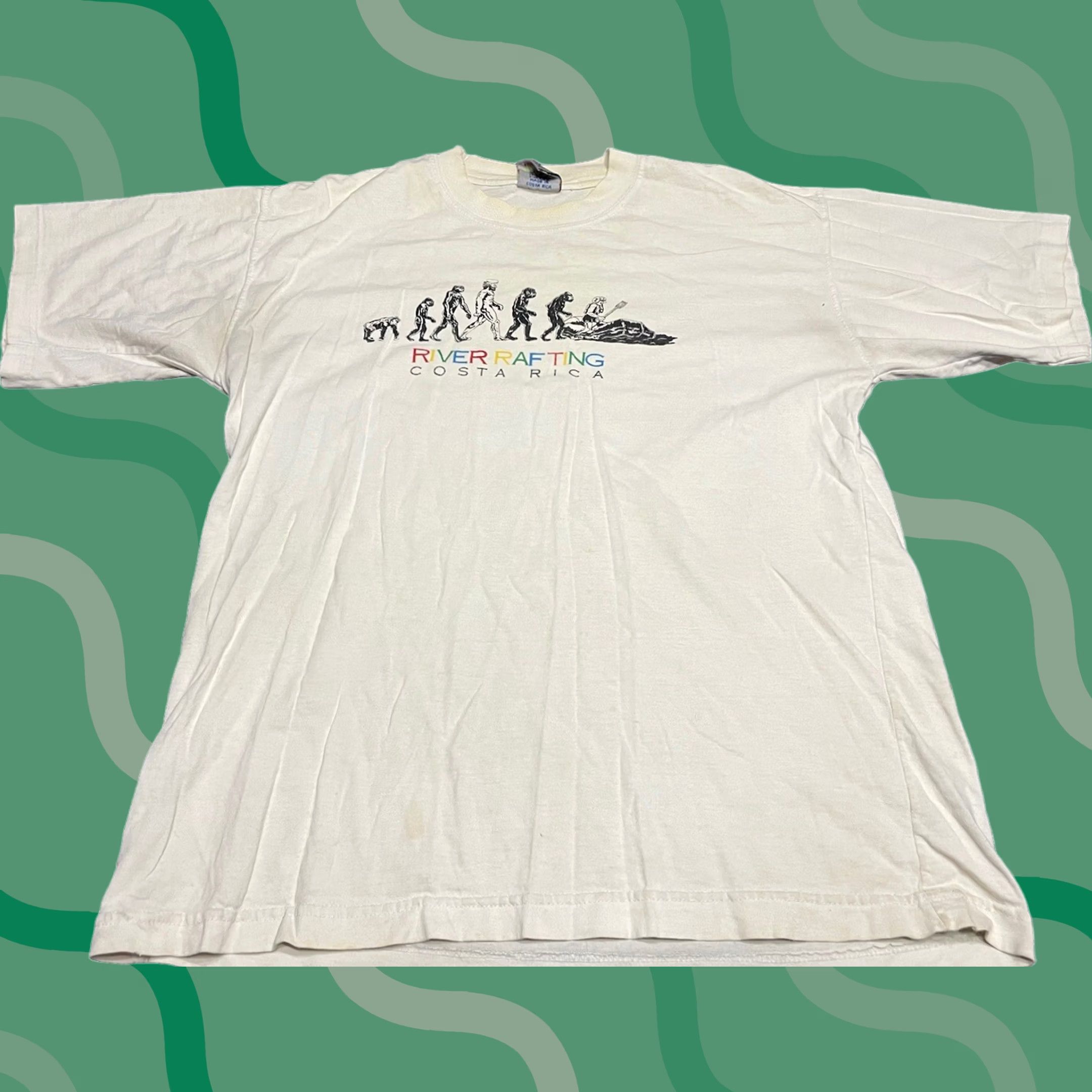 AAA VINTAGE 90s Human Evolution Rafting Mens T-shirt L White K2 Size US L / EU 52-54 / 3 - 1 Thumbnail