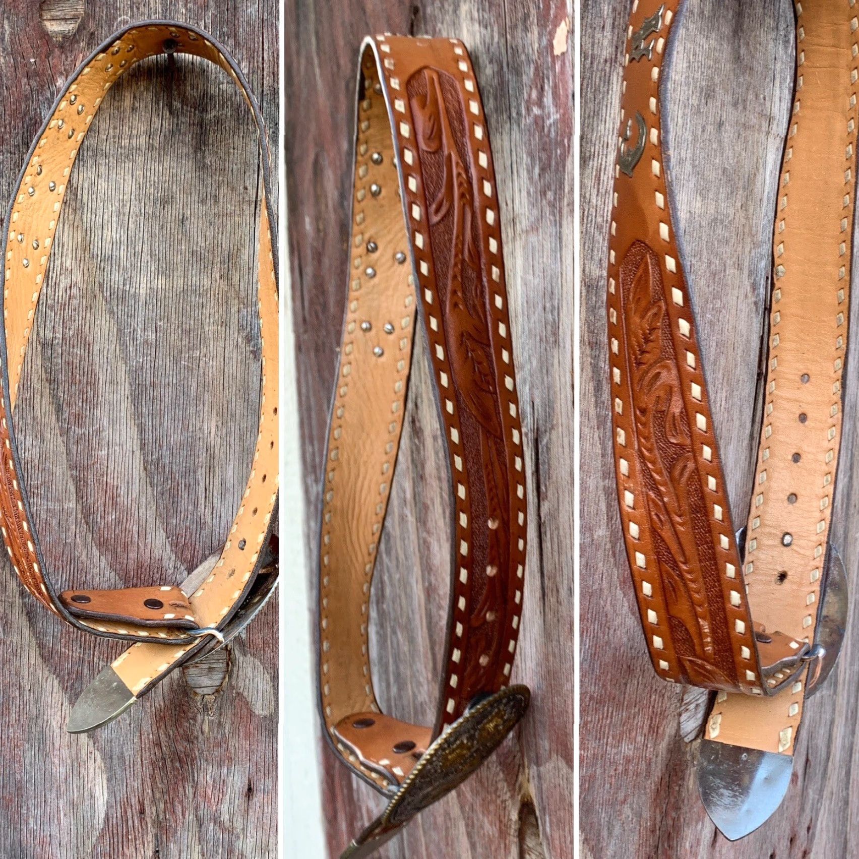 Vintage VINTAGE Tooled Leather Western Belt The Name Carol C Buckle El Arturo Crumrine Belt Size ONE SIZE - 7 Thumbnail