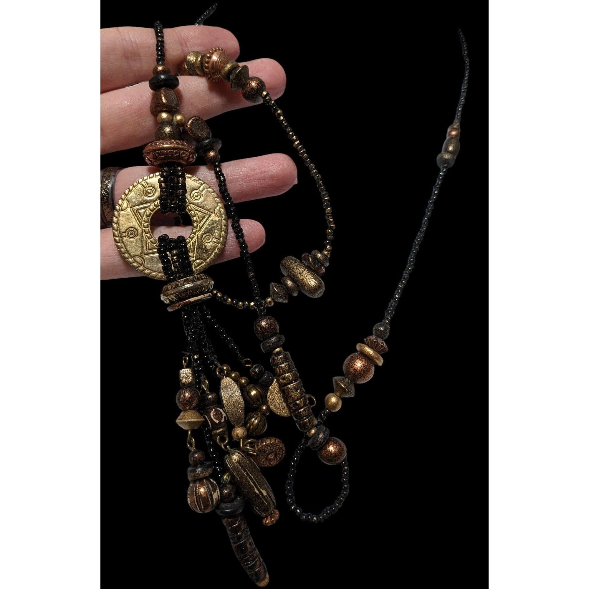 Other Vintage Southwestern Black And Gold Beaded Tassel Necklace Size ONE SIZE - 2 Thumbnail