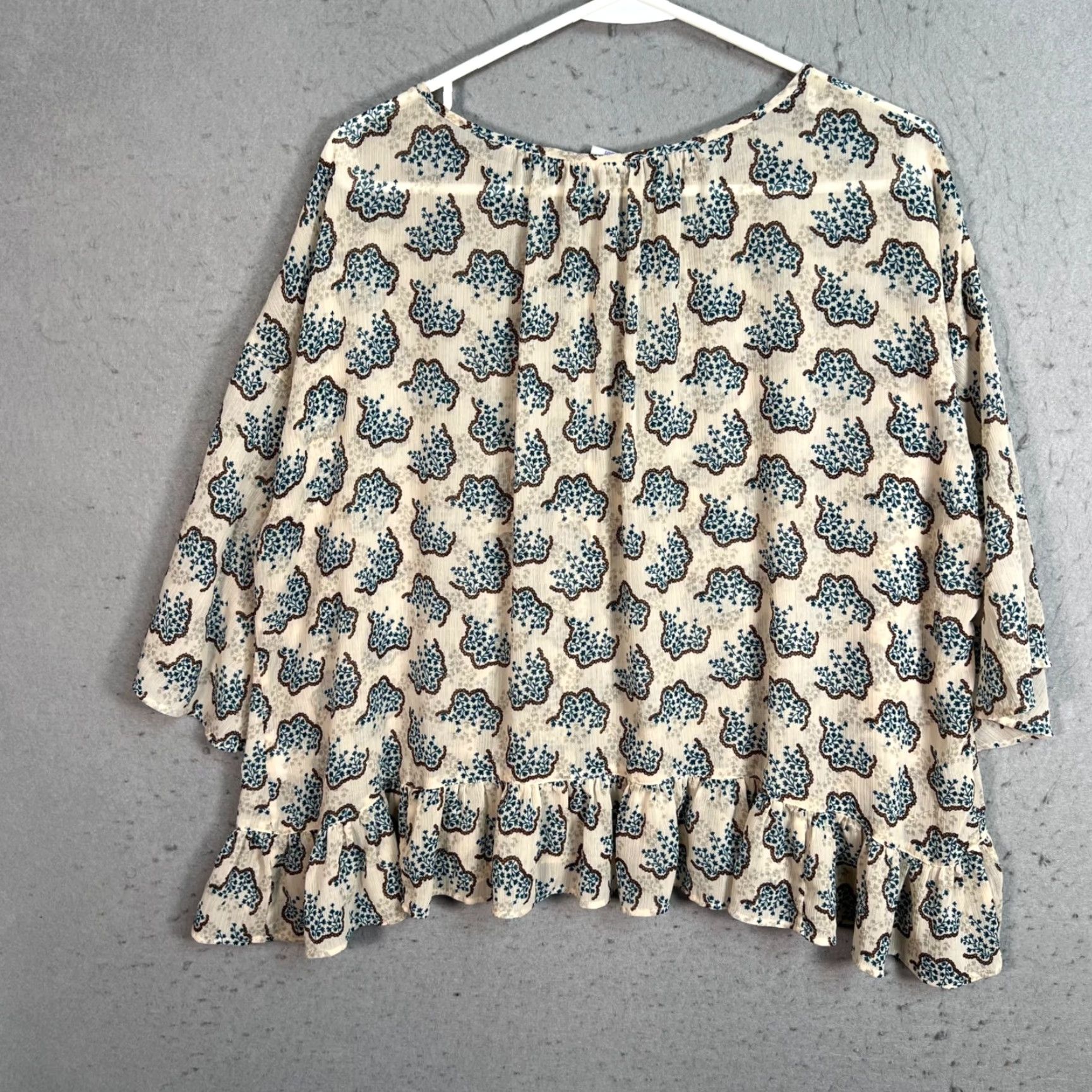 Anna Sui Anna Sui Blouse Womens Small Floral Patterned Pullover Round Neck Be​ige Blue Ruffle Hem Casual Summer Spring Fall Polyester Cotton Size S / US 4 / IT 40 - 2 Thumbnail