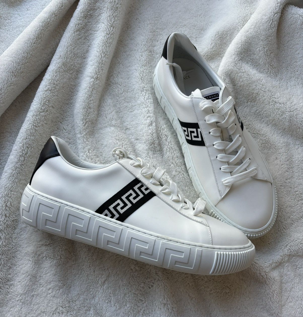 Versace White Striped La Greca Sneakers
