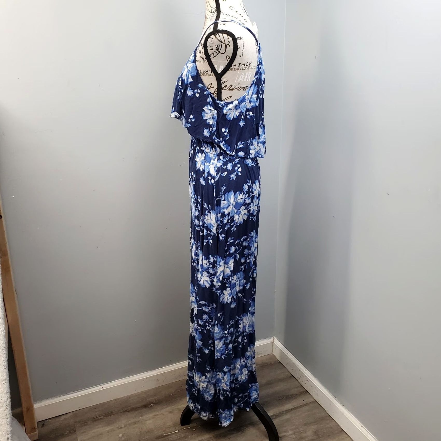 Vintage LC Lauren Conrad Maxi Dress Womens M Blue White Floral Cinch Waist Tiered Bodice Dress Size M / US 6-8 / IT 42-44 - 5 Thumbnail