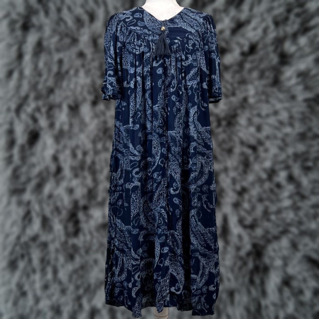 Vintage GO SOFTLY PATIO Dress Mumu Women S Midi Flutter Sleeves Zip Round Neck Blue Paisley Casual Dressy Lounge 3/4 Zip Coastal Grandma Women SMA? Size S / US 4 / IT 40 - 1 Thumbnail