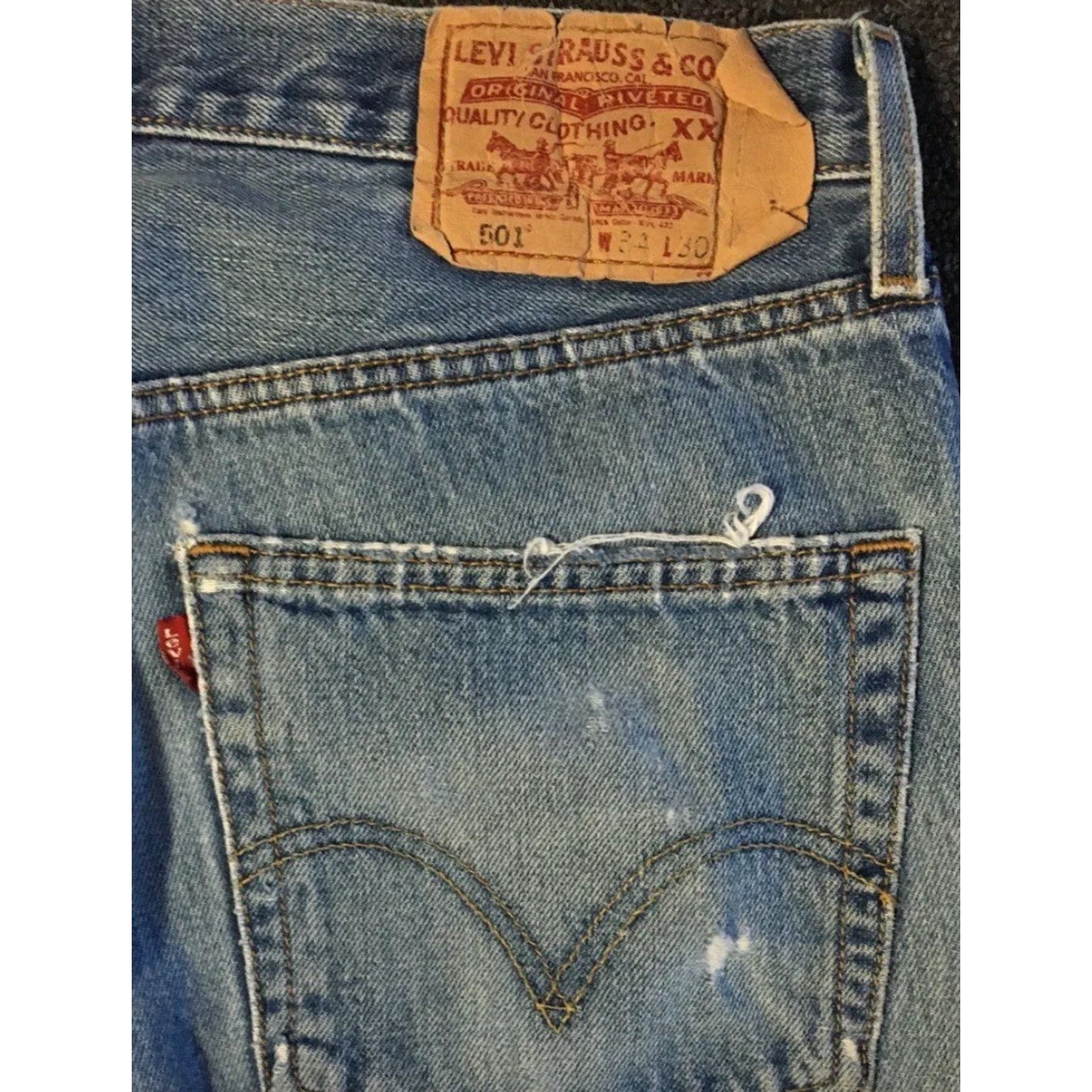 Levi's VINTAGE Levi's 501 Jeans Men 34 Blue Denim Distressed Button Fly Straight 30 In 90s Grunge Punk Western Rock Band USA 80s 90s Jeans Mens Size US 34 / EU 50 - 3 Thumbnail