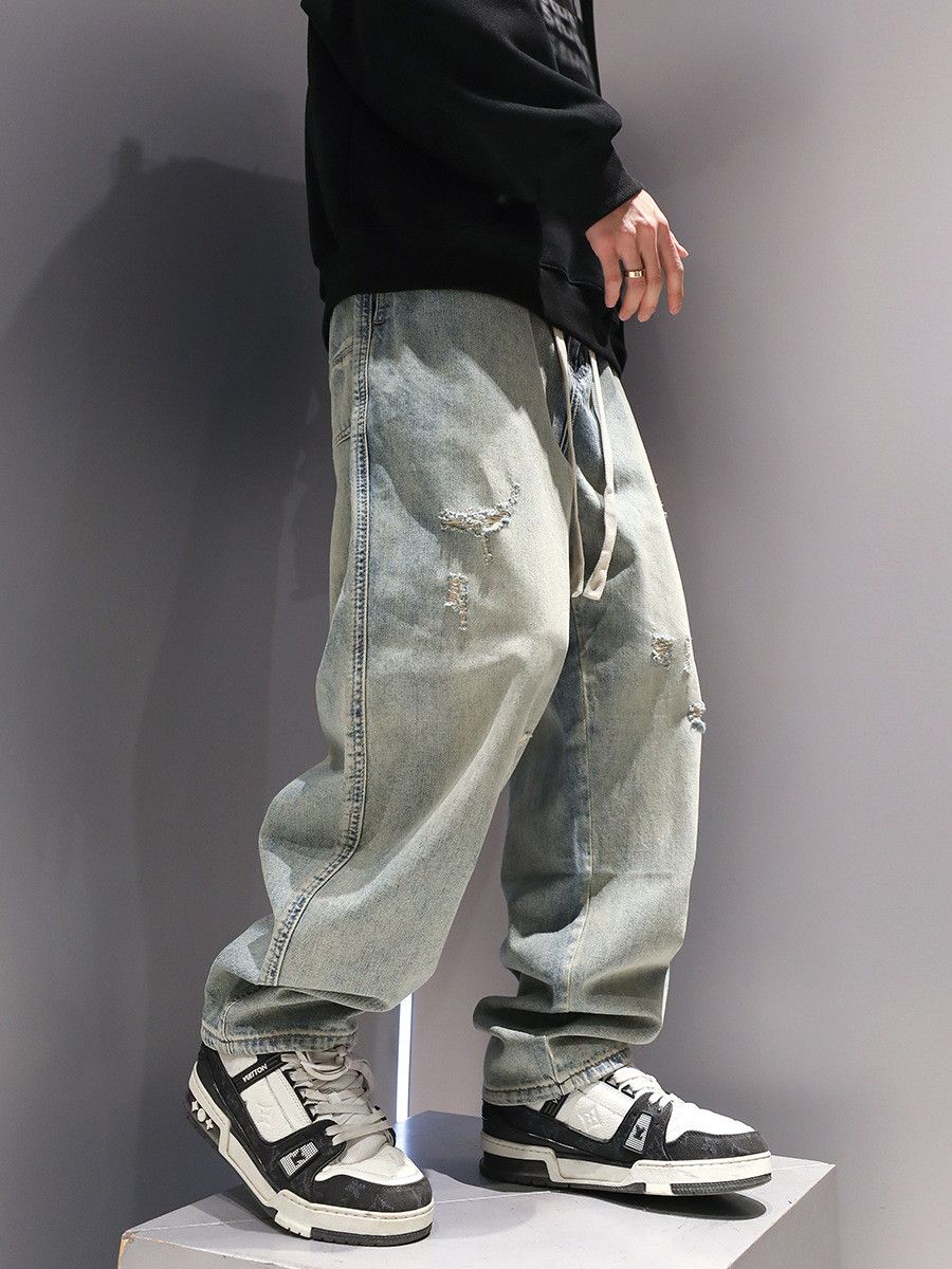 Japanese Brand Men's Japanese drawstring solid color ripped washed jeans Size US 32 / EU 48 - 2 Thumbnail