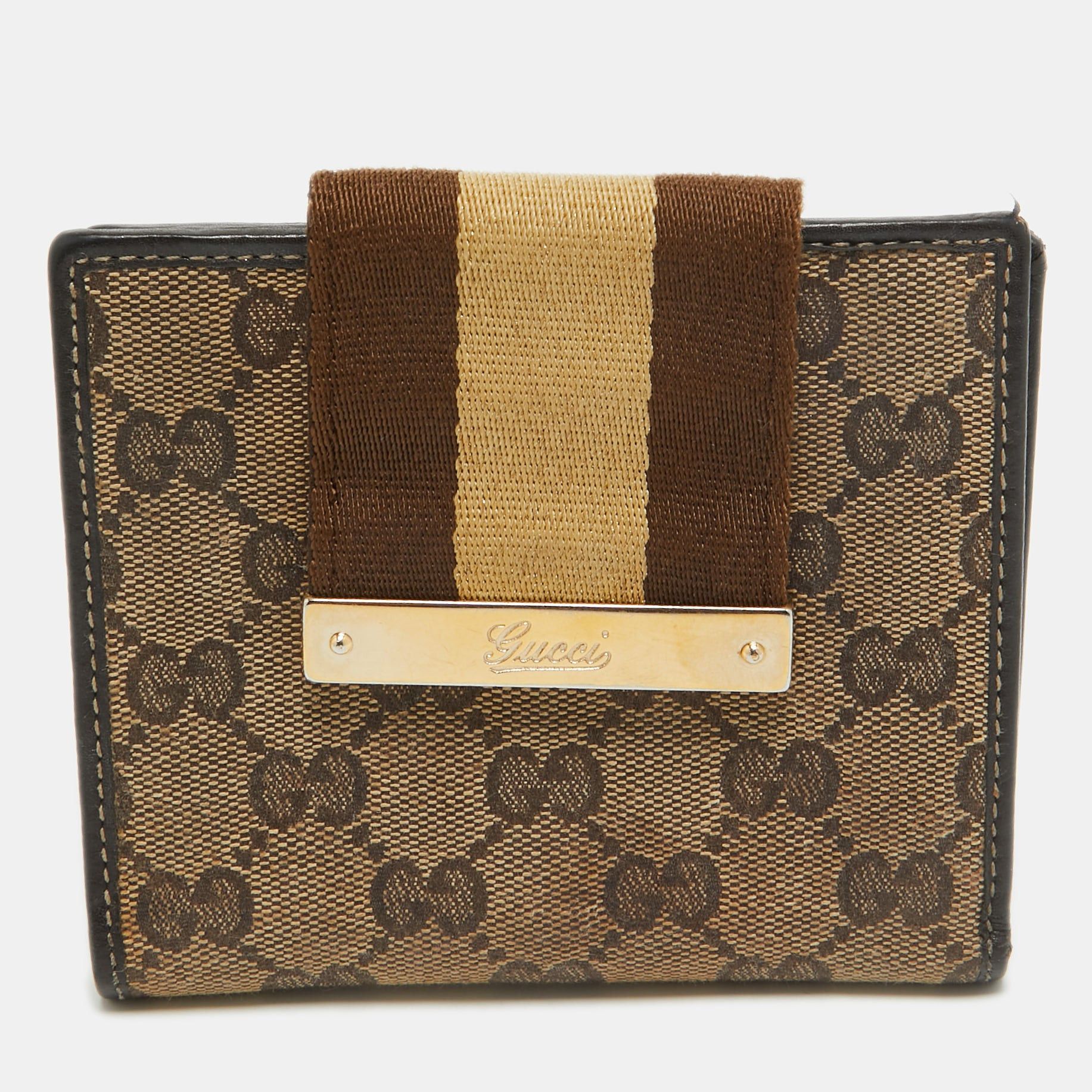 image of Gucci Beige/brown GG Supreme Canvas Web Flap French Wallet in White, Women's