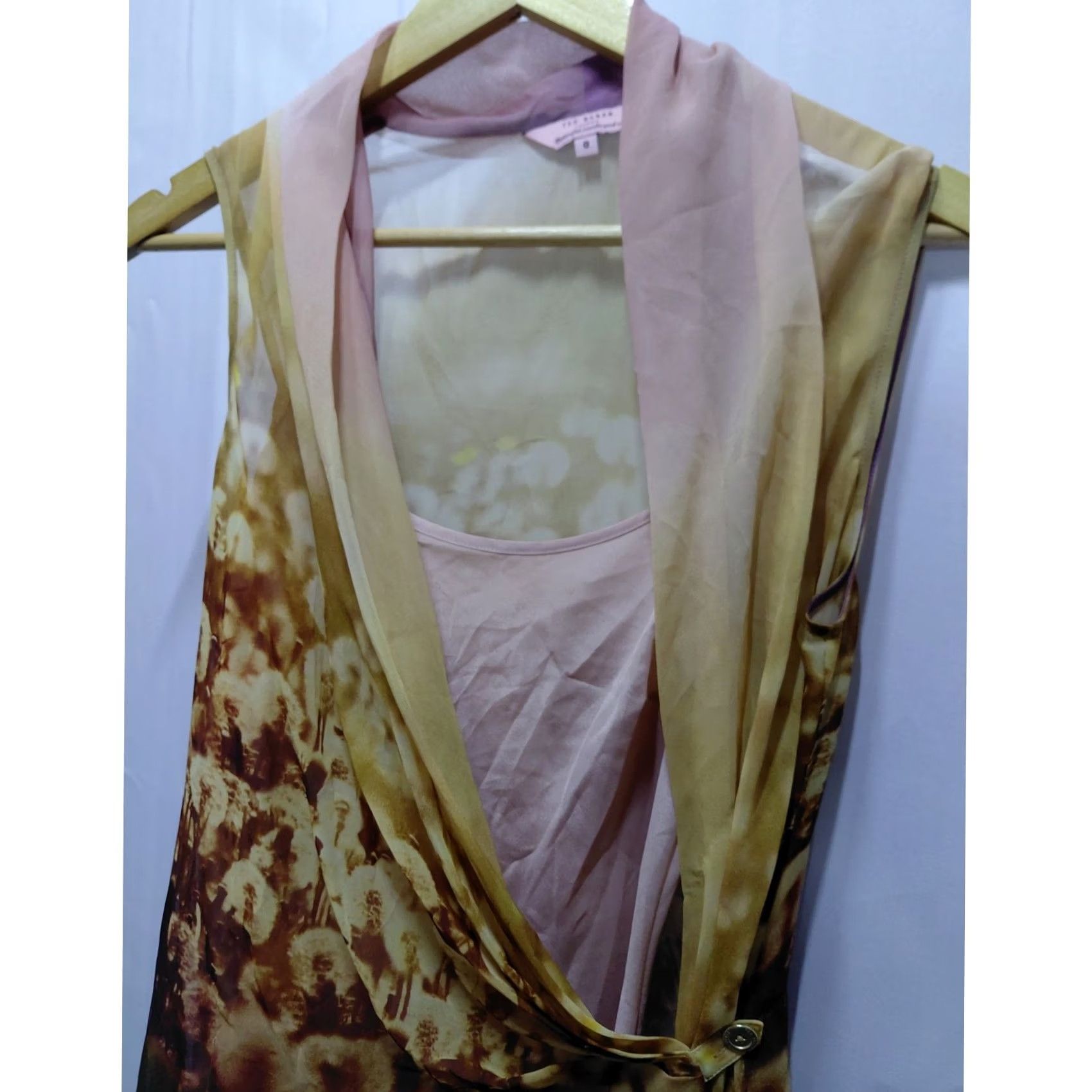 Ted Baker Ted Baker London Dandelion Print Sheer Dress Gradient Chiffon Midi 0 Beige Sleeveless Draped Neckline Fully Lined Party/Cocktail Womens Dress Size XS / US 0-2 / IT 36-38 - 3 Thumbnail