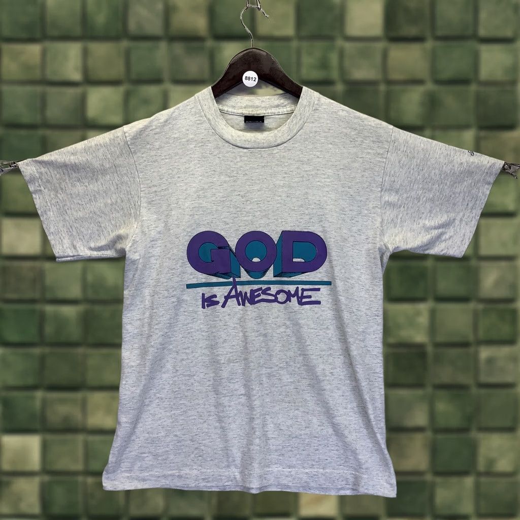 Vintage VINTAGE Screen Stars Graphic Tee Unisex Gray M 1990s God Is Awesome Short Sleeve Cotton Blend Shirt Size US M / EU 48-50 / 2 - 1 Thumbnail