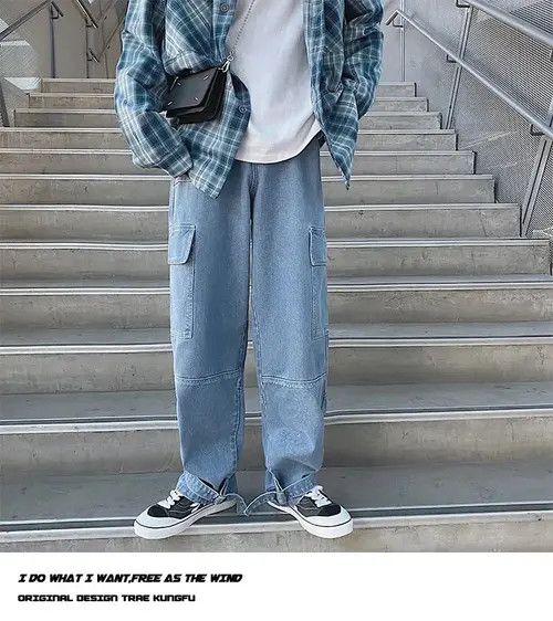 Jean Light Blue Cargo jeans Wide Leg Denim Loose Straight Baggy Size US 32 / EU 48 - 2 Thumbnail
