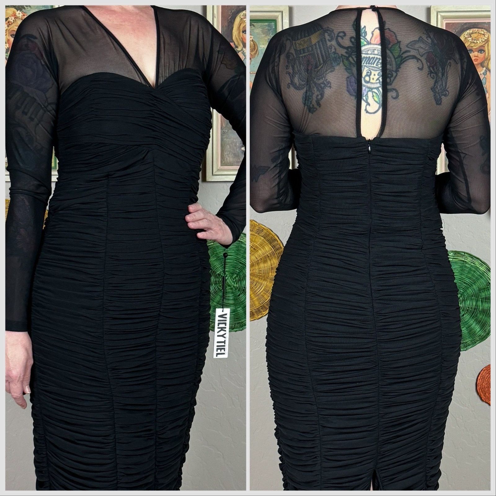 Other Vicky Tiel Black Long Sleeve Mesh Ruched Mummy Dress Size S / US 4 / IT 40 - 3 Thumbnail