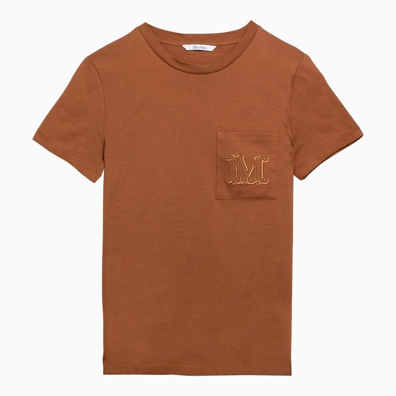 image of Max Mara Leather-Colored Cotton T-Shirt With Logo in Brown, Women's (Size XS)