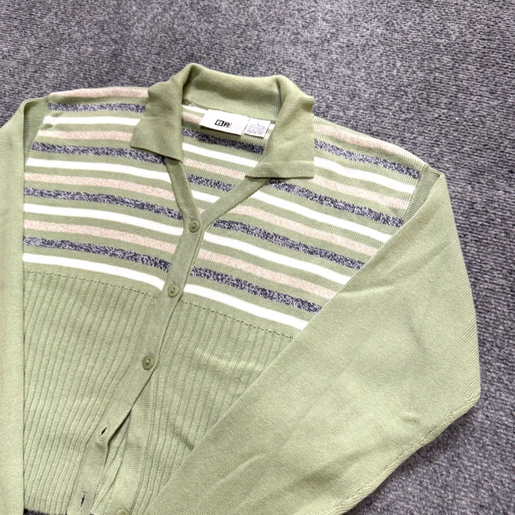 Vintage VINTAGE VTG BP Knitted Cardigan Sweater Womens L Green Striped White 90s Button Up - Green White Striped Cardigan L Womens Men? Size L / US 10 / IT 46 - 2 Thumbnail
