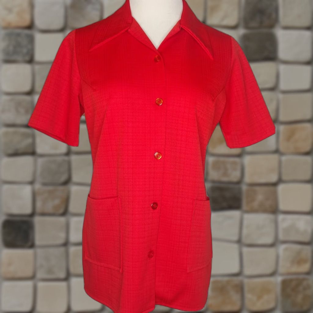 Etro VINTAGE Womens 14 Shirt Bright Red Short Sleeve Button Polyester Blouse Retro Size XL / US 12-14 / IT 48-50 - 1 Thumbnail
