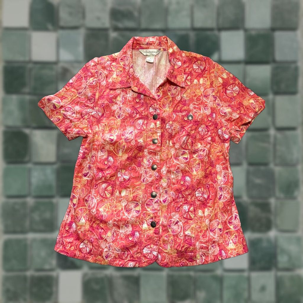 Vintage Christopher & Banks Button Up Shirt Womens Medium M Top Pink Bicycle Pattern Womens M Pink Shirt Button-Up Short Sleeve Collared Button Up Shirt Size M / US 6-8 / IT 42-44 - 1 Thumbnail