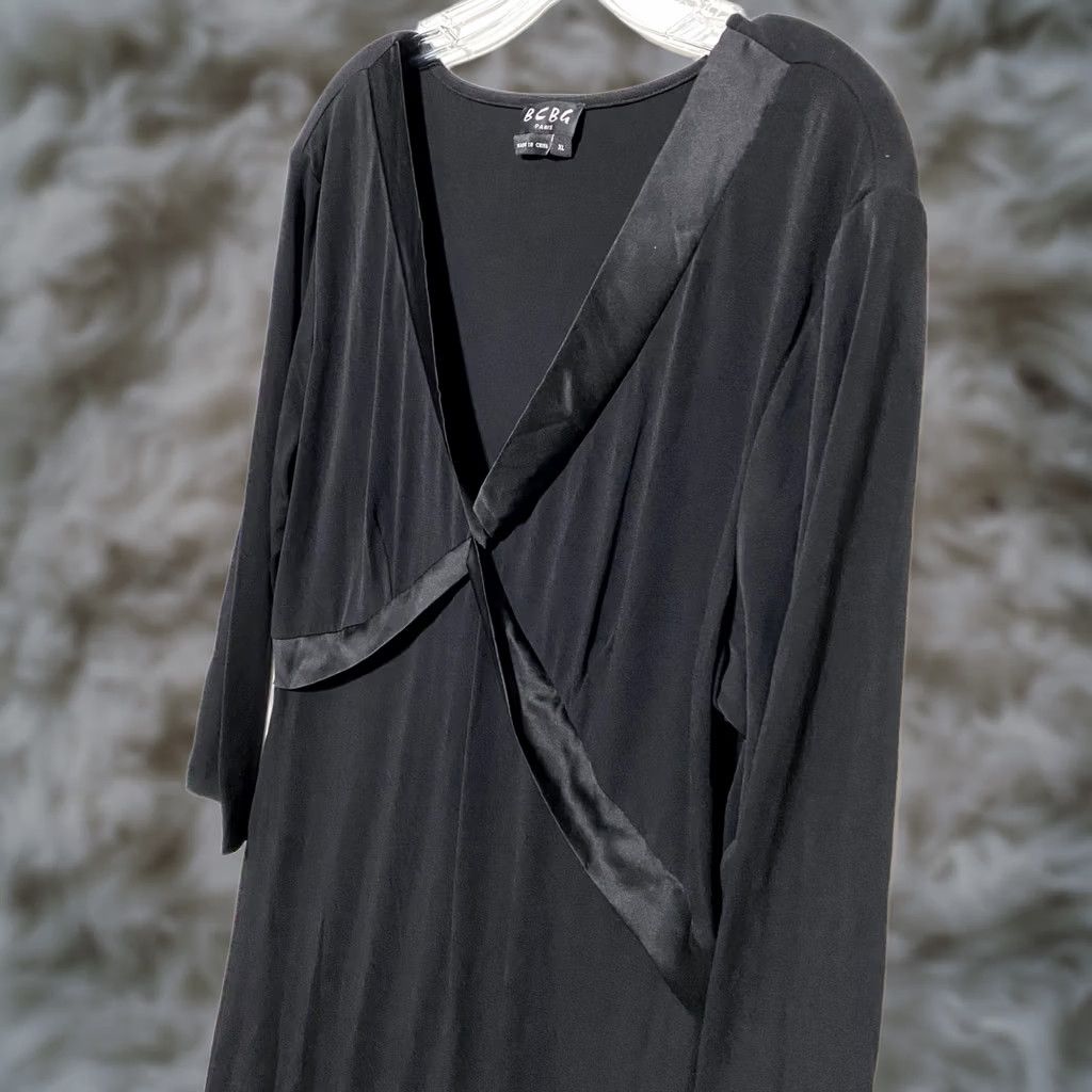 Vintage BCBG Paris Satin Trim V Neck Black Matte Jersey Midi Dress XL Women LBD Party Cocktail Formal Size XL / US 12-14 / IT 48-50 - 1 Thumbnail