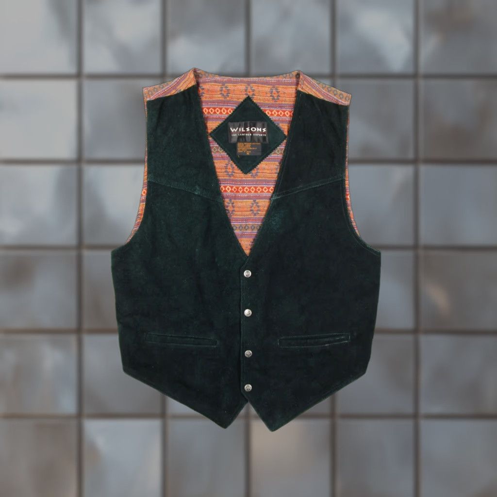 Vintage VINTAGE Wilsons Leather Vest Mens XL Green Suede Western Aztec Tapestry Adjustable Belt Leather Vest Mens Green Aztec Western Style Pockets Lined Size US XL / EU 56 / 4 - 1 Thumbnail