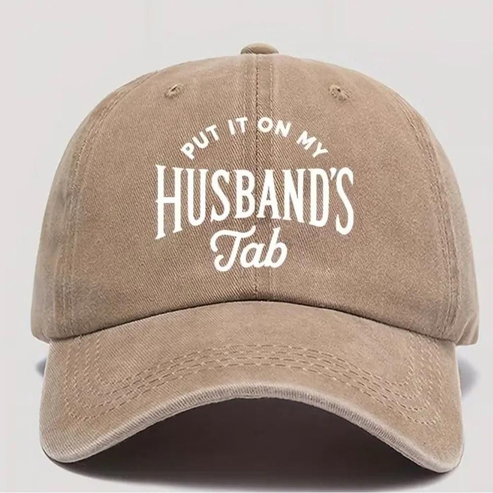 Designer “Put it on my husbands tab” Tan Baseball Cap with Fun Slogan Size ONE SIZE - 1 Thumbnail