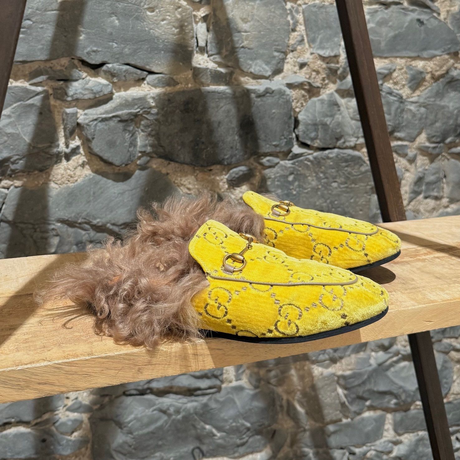 Gucci Gucci Yellow Velvet GG Princetown Fur-lined Slippers Mules Size US 8.5 / IT 38.5 - 1 Thumbnail