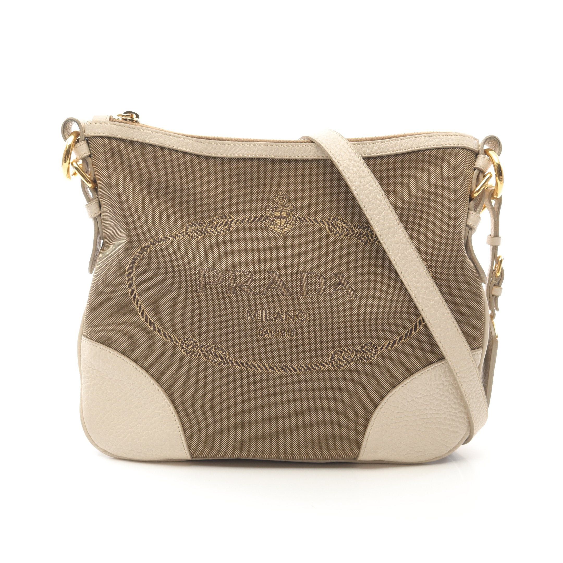 Prada Prada Logo Jacquard Shoulder Bag Canvas Leather Beige Ivory Size ONE SIZE - 1 Thumbnail