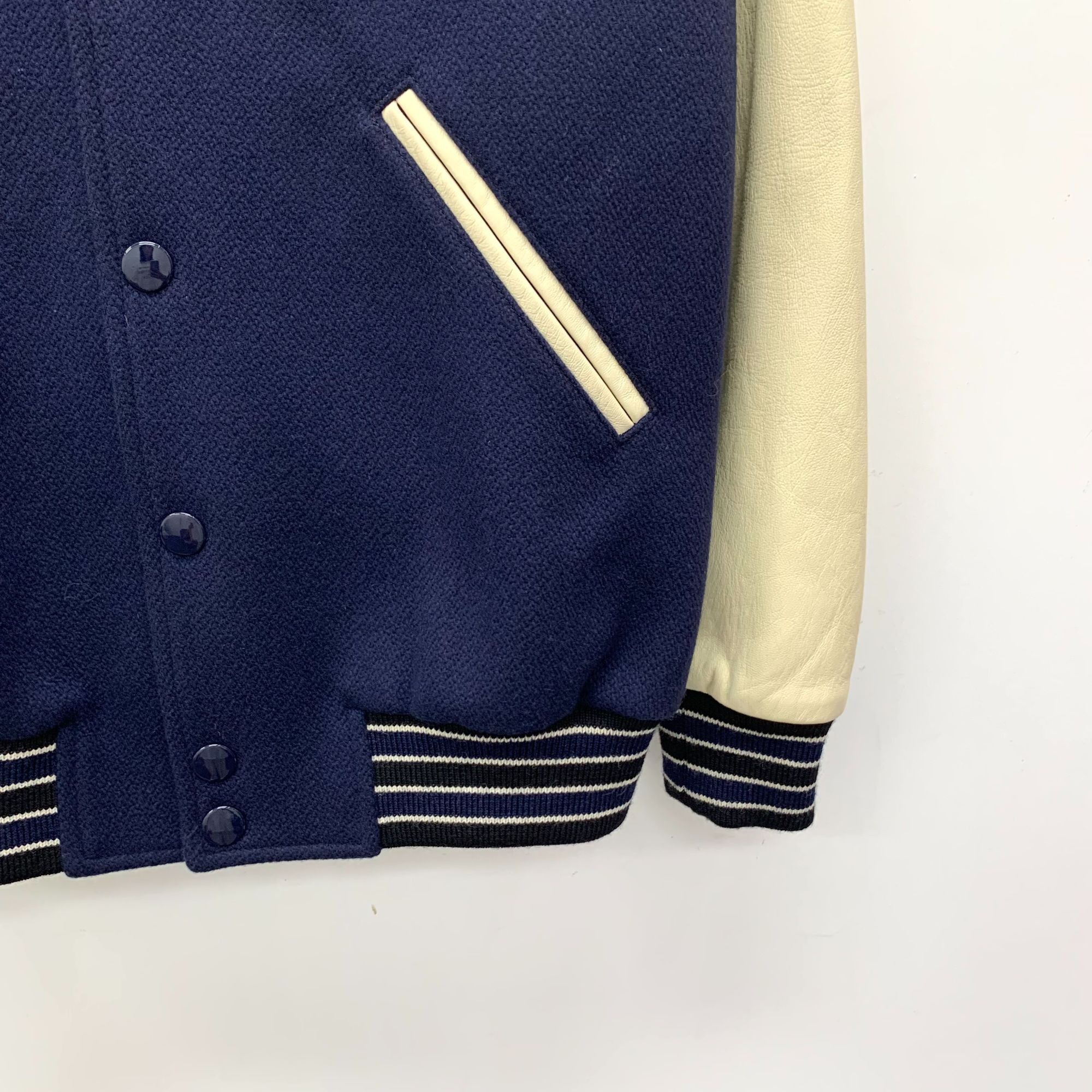 Celine Celine Deep Blue & Cream Wool Varsity Jacket With Striped Tr Size XS / US 0-2 / IT 36-38 - 6 Thumbnail