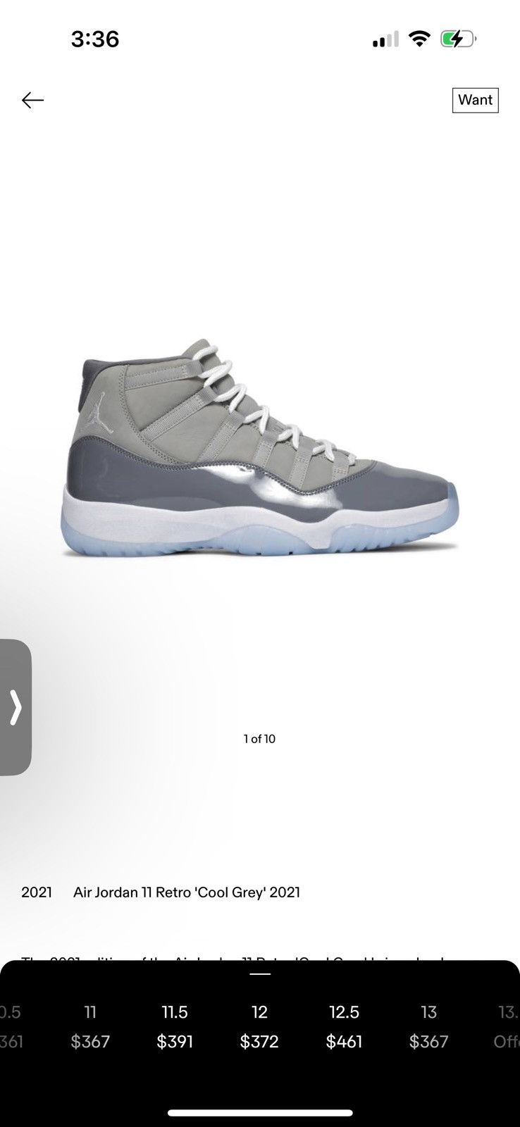 Jordan Brand Air Jordan 11 Retro "Cool Grey" 2021 Size US 12 / EU 45 - 7 Thumbnail