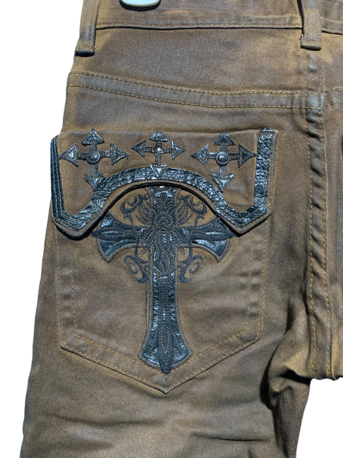 14th Addiction Cloud72 side laces cross skull patches brown wax denim Size US 27 - 10 Thumbnail