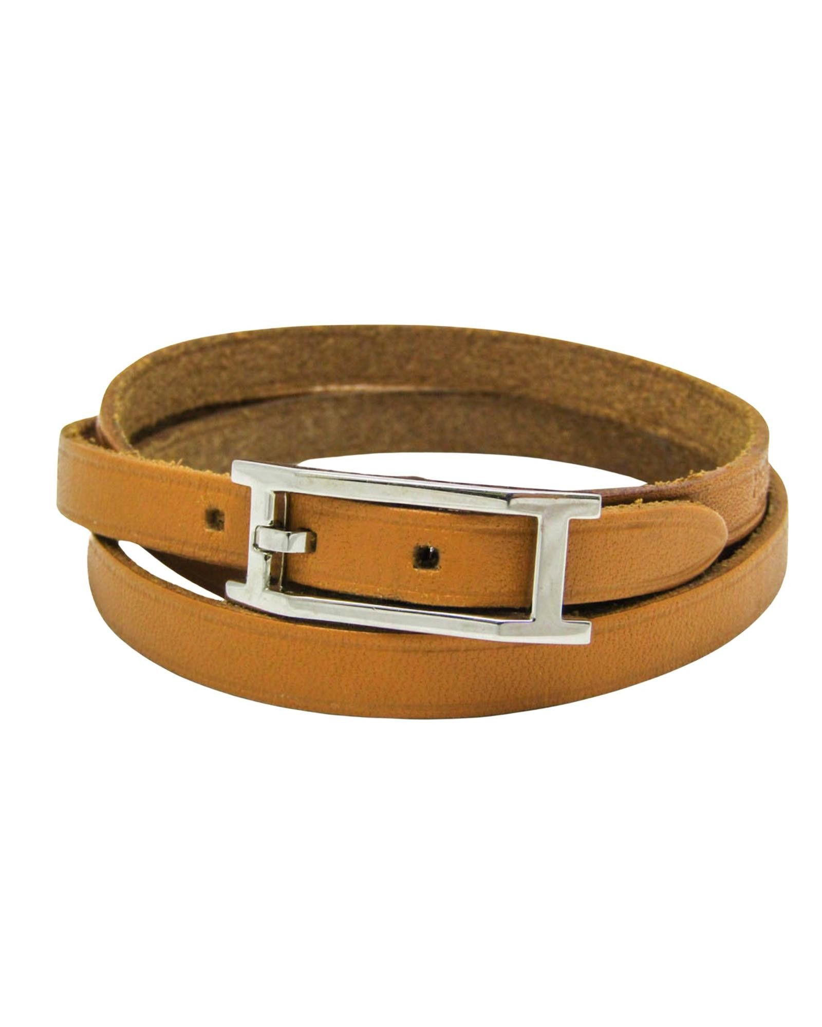 image of Hermes Elegant Leather And Metal Choker Bracelet With Silver Accents in Brown, Women's