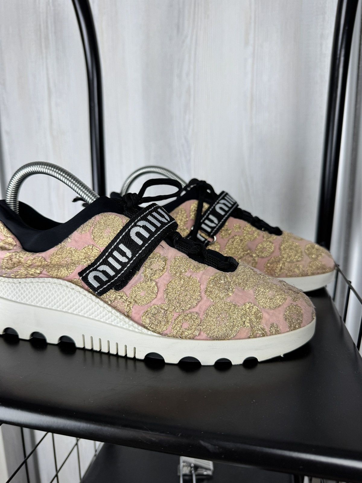 Miu Miu MIU MIU Prada Pink Gold Platform Sneakers With Logo Strap 40 Size US 10 / IT 40 - 5 Thumbnail