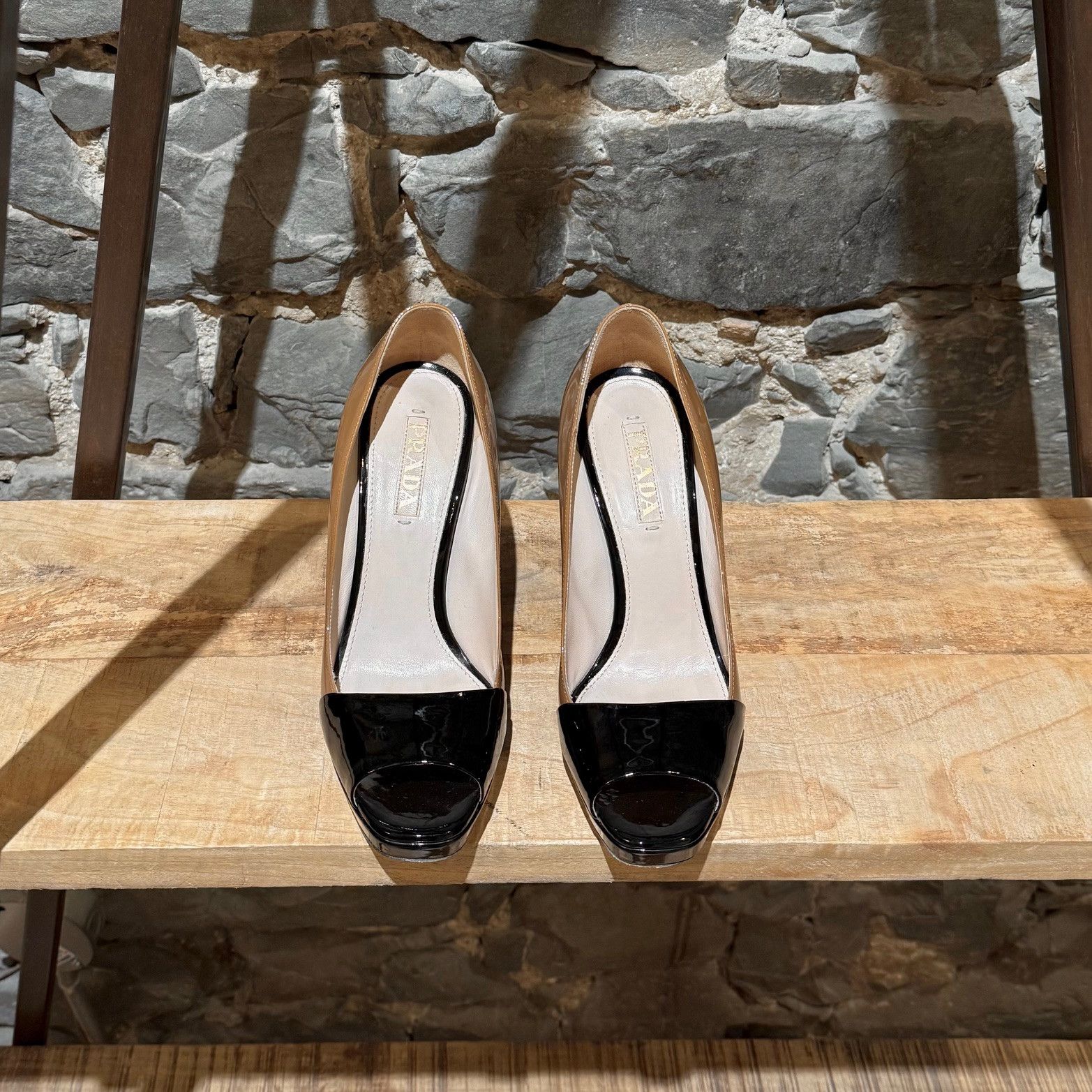 Prada Prada Beige Black Patent Open Toe Pumps Size US 9 / IT 39 - 3 Thumbnail